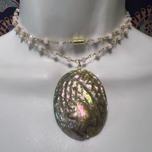 Mother of pearl/Abalone pendant on a gold  and Rose quartz necklace